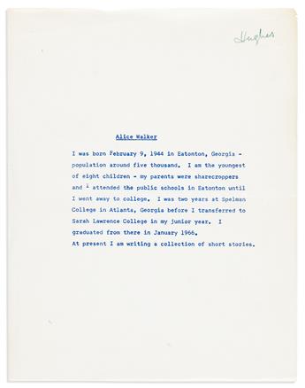 (LITERATURE.) Alice Walker. "To Hell With Dying," in "The Best Short Stories by Negro Writers," with her typescript biographical notes.